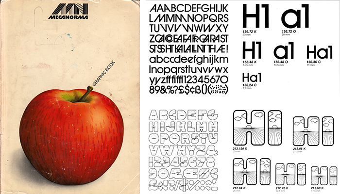 The "apple book": meccanoma. Title and two spreads (type specimen).